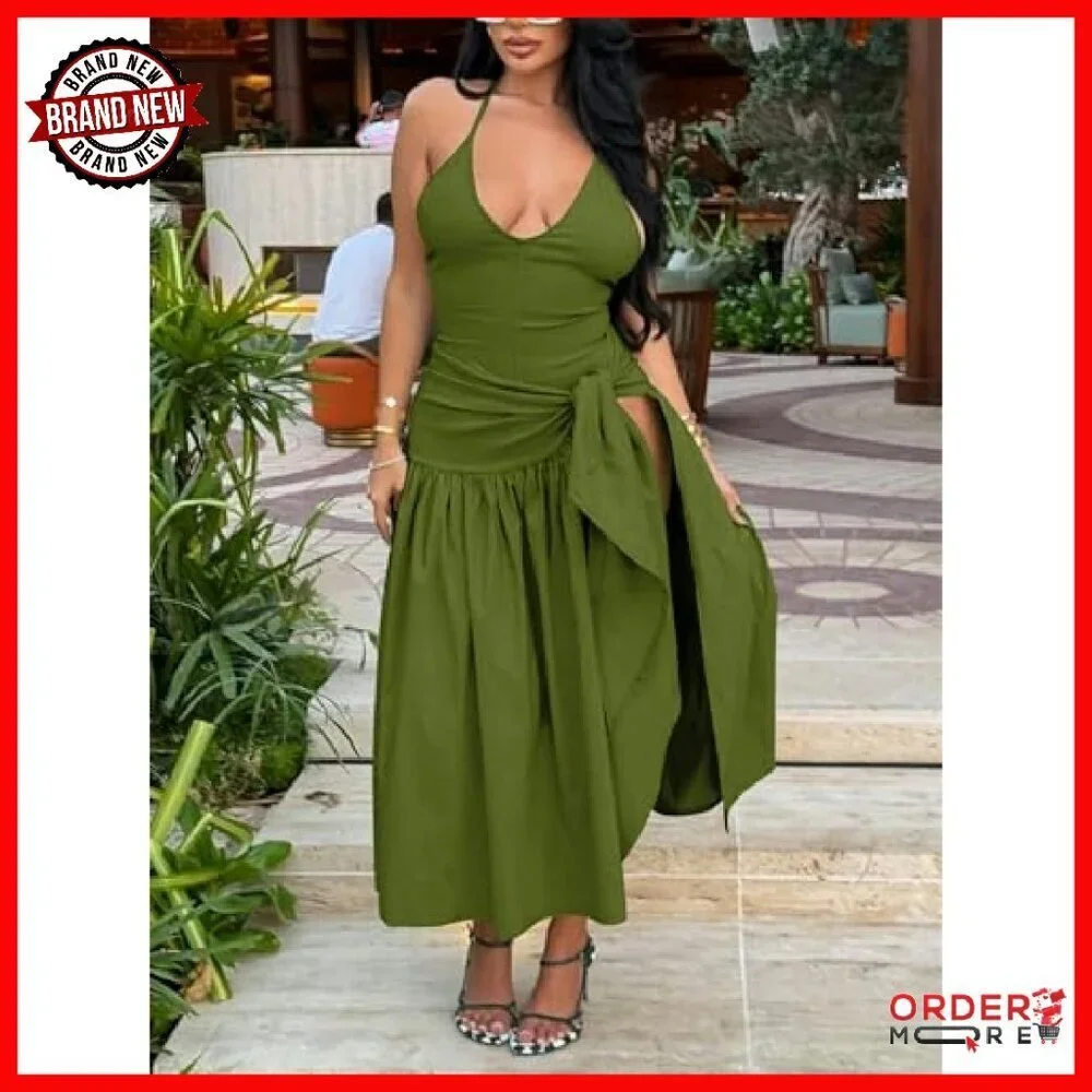 Sexy Halter Backless Bodysuit Wrap Maxi Skirt Two Piece Set - Picture 6 of 8